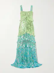 [Saloni] Saloni - Chandra Ruffled Fil Coupé Silk-blend Maxi Dress - Green - UK 12 UK 12 Green