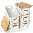 Plastic Storage Baskets with Bamboo Lids, Stackable Small Box Bins for Organi...