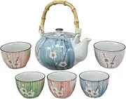 Ebros Gift Japanese Design Four Seasons Collection Spring White Cherry Blossom Ceramic Tea Pot and Cups Set Serves 5 Guests Excellent Colorful Home Decor Asian Living Decorative Accent Teapot sets