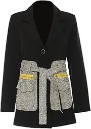 [Zadaos] Women's Blazer Jacket Tweed Patchwork Single-Breasted Bandage Long-Sleeve Design Suit Jackets