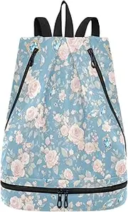 Yoogain Pink Romantic Rose Sapphire Drawstring gym bag trendy drawstring backpack with Wet Dry Compartments, Pink Romantic Rose Sapphire, 1 size