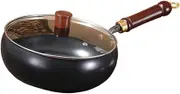 Ｂｅｓｇａ Non Stick Wok Cooking Pot No Coating Wood Handle Multipurpose Cookware Manual Forging Iron Pan for Restaurant Home Camping, Glass lid