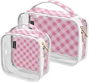 2 Pack Pink and White Grid clear decorative toiletry bag travel TSA approved multifunctional clear makeup bag Airport Airline Compliant maquillaje, Pink and white grid, 1 size, Pink and