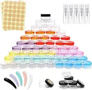 72Pcs Empty Sample Containers Set, FHDUSRYO 5 Grams Small Cosmetic Containers with Lids, Plastic Travel Makeup Jar with Spray Bottle, Spatulas, Label, Round Sample Jar for Cream, Eye Shadow, Jewelry