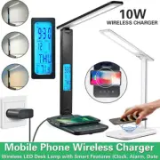 10W Wireless Charger LED Desk Lamp Touch Reading Light w/ Calendar Alarm Clock