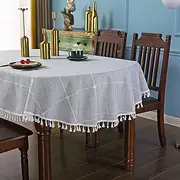 Grey Embroidery Lattice Oval Tablecloth with Tassel Heavy Duty Rustic Fabric Table Cover Wrinkle Resistant Washable Kitchen Dining Party Wedding Decoration 60 x 84 Inches