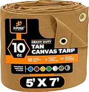 Xpose Safety Canvas Tarp - 10oz Tan Canvas Tarps Heavy Duty Water Resistant with Brass Grommets- Multipurpose Outdoor Tarpaulin for Camping, Canopy, Trailer, Equipment Cover 5' x 7'