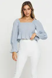 Blue Peasant Blouse Long Sleeve Crop - Size 6, Women's Semi Crop