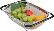Over The Sink Stainless Steel Square Colander with Fine Mesh 6 Quart Strainer Basket & Expandable Rubber Grip Handles for Strain, Drain, Rinse Fruits, Vegetables(Large)