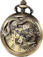 [TREEWETO] Mens Antique Skeleton Mechanical Pocket Watch Dragon Hollow Hunter with Chain and Box