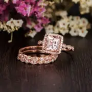 4.2Ct Cushion Peach Morganite Halo Trio-Set Engagement Ring 14k Rose Gold Plated