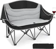 Black Double Camping Chair, Folding Oversized Camping Lawn Loveseat, Heavy Duty