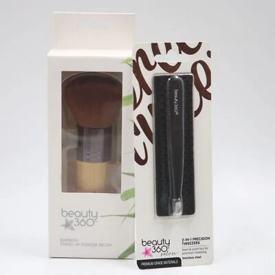 Beauty 360 Bamboo Stand-Up Powder Brush + Slant & Point Tweezers Skin Hair Care