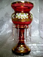 Czech Bohemian Slavia High Enamel Ruby Red Crystal Glass Mantle Lustre Vase NIB