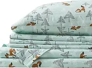 Comfort Spaces Cotton Flannel Breathable Warm, Deep Pocket Sheets with Pillow Case Bedding, Queen, Seafoam Foxes 4 Piece
