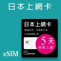 在飛比找遠傳friDay購物優惠-【citimobi 上網卡】Esim 日本5天上網吃到飽不降