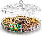 ZOOFOX Divided Serving Tray, 12'' Appetizer Tray with Lid, 6 Compartments Round Plastic Food Storage Organizer for Dried Fruits, Nuts, Candies, Sweet Cookies and Fruits (Clear)