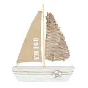 Boat Ornament Wooden 28cm with Rattan Look Hessian Sail Natural Colours Standing