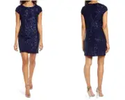 VINCE CAMUTO Navy Blue Sequin Embellished Stretch Mini Cocktail Dress 8 = M