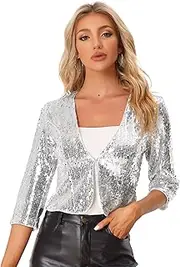 [Allegra K] Women's Sequin Shrug 3/4 Sleeve Open Front Party Glitter Sparkly Short Blazer Jackets