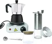 DV&DS Moka Pot Sets,incl,Moka Pot 3 cups,Glass Bean Jar,Spoon Clamp,Powder Distributor, Hand-Operated Bean Mill, Filter Paper,Coffee Maker for Camping and Traveling Personal Bar(Moka Pot Sets)