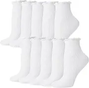 [Zuimei] 10 Pairs Cute Ruffle Socks, Ankle Frilly Socks Women Cotton White Frilly Socks Socks Breathable Soft Casual Crew Socks White Socks for Womens Girls Size 3-7, White, One size