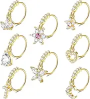 [Sanfenly] 8 Pcs 20G Dangle Nose Rings Hoops for Women Butterfly Heart Moon Flower Cross CZ Dangle Nose Rings Cartilage Earring Dangling Nose Piercing Jewelry