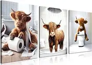 Funny Bathroom Highland Cow Wall Art, Brown Cute Cow Animal Canvas Posters Prints Set of 3, Vintage Rustic Farmhouse Home Wall Decor Painting for Bathroom Restroom Framed 12x16 Inch