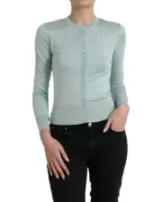 Dolce & Gabbana Silk Cardigan Button Detail Women Light Blue Sweaters