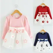Toddler Kids Baby Girls Dress Long Sleeve Tulle Patchwork Dress Flower Bow Dress