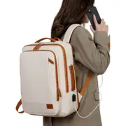 Expandable 26L Commuter Backpack Water-Resistant Laptop Bag with USB Port-Beige
