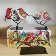 Stained Birds On Branch Desktop Ornaments,Metal Flat Vivid Birds Decorations On Branch,Double Sided Multicolor Hummingbird Craft Statue Table Gift for Bird Lov