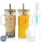Glass Cups with Bamboo Lids and Straws,24oz Tumbler With Handle,2 Pack Mason