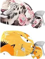 [YTYVAGT] 2-Pc,Nurse Scrub Caps,Scrub Hats with Buttons and Cotton Sweatband,Flower Leopard and Rose