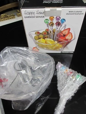 Acrylic BOWL pick holder clear olive / cherry with 6 diamond picks colorful tops