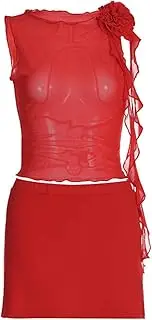 [Yoskog] Women Ruffle 2 Piece Skirt Sets Sheer Mesh 3D Flower Top+Fringed Irregular Bodycon Mini Skirt Y2K Outfit Streetwear, D Red, L