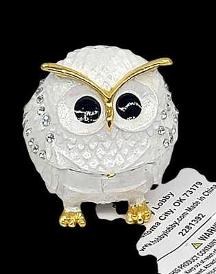 NEW White Gold Owl Trinket Jewelry Ring Box Rhinestone Enamel Hinged Metal NWT