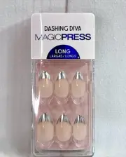 NIB Dashing Diva Magic Press On Nails Long Almond Silver Metallic French PO205