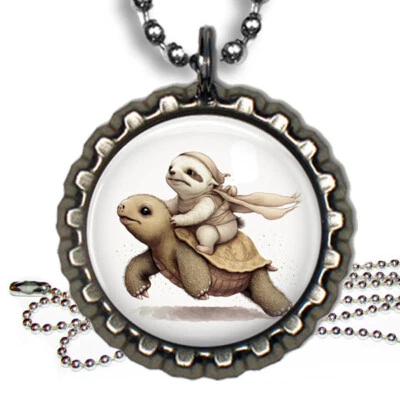Sloth on Turtle Kids Bottle Cap Necklace Handcrafted Gift Photo Jewelry