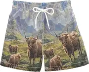 [RPLIFE] Kids Swimming Shorts, Anti Chafe Swim Trunks Boys 2 T, Scottish Highland Cows Mountains