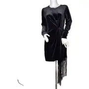 Badgley Mischka Size 2 Black Crepe Fringe Dress Harley Party Cocktail Velvet (1