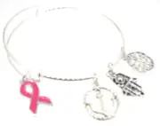 Breast Cancer Ribbon Bracelet Silver Plate Expandable Bangle Tree of Life Hamsa