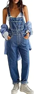 [FaroLy] Women Casual Denim Bib Overalls Adjustable Suspender Straps Jumpsuits Tapered Leg Trendy Rompers with Pockets
