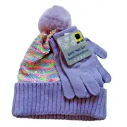 Girl's Hat Set Multicolored Sequin Hat & Gloves Purple Faux Fur Pom-Pom Warm