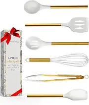 White Silicone and Gold Cooking Utensils for Modern Cooking and Serving, Stainless Steel Gold Serving Utensils - Spatulas for Non Stick Cookware
