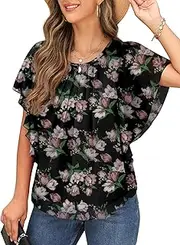 [QIXING] Summer Casual Loose Round Neck Chiffon Flowy Tops Blouses for Women