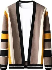 [SWJGLITTR] Mens Colorblock Cable Knitted Cardigan Retro Knitted Long Sleeve Vintage Cardigans Button Patchwork Sweater Men Jackets, Yellow, Large