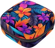 Period Bag,Sanitary Napkin Storage Bag,Blue Leaves Tropical Flowers,Tampon Bag for Purse