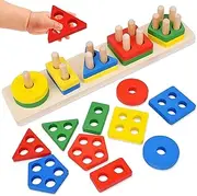 Toy O Toy Wooden Sorting & Stacking Toys for Toddlers, Color Recognition Stacker Shape Sorter Puzzles for Kids, Montessori Toys for 3 4 5 Year Old Boys Girls, Birthday Gifts for 3 4 5 Year Old