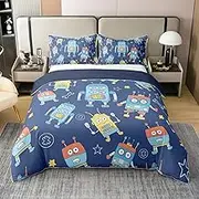 Colorful Robot 100% Cotton Comforter Cover Twin Modern Cartoon Robots Duvet Cover for Kids Boys Girls Funny Outer Space Quilt Cover Geometric Star Stripes Bedding Set with 1 Pillowcase(No Comforter)